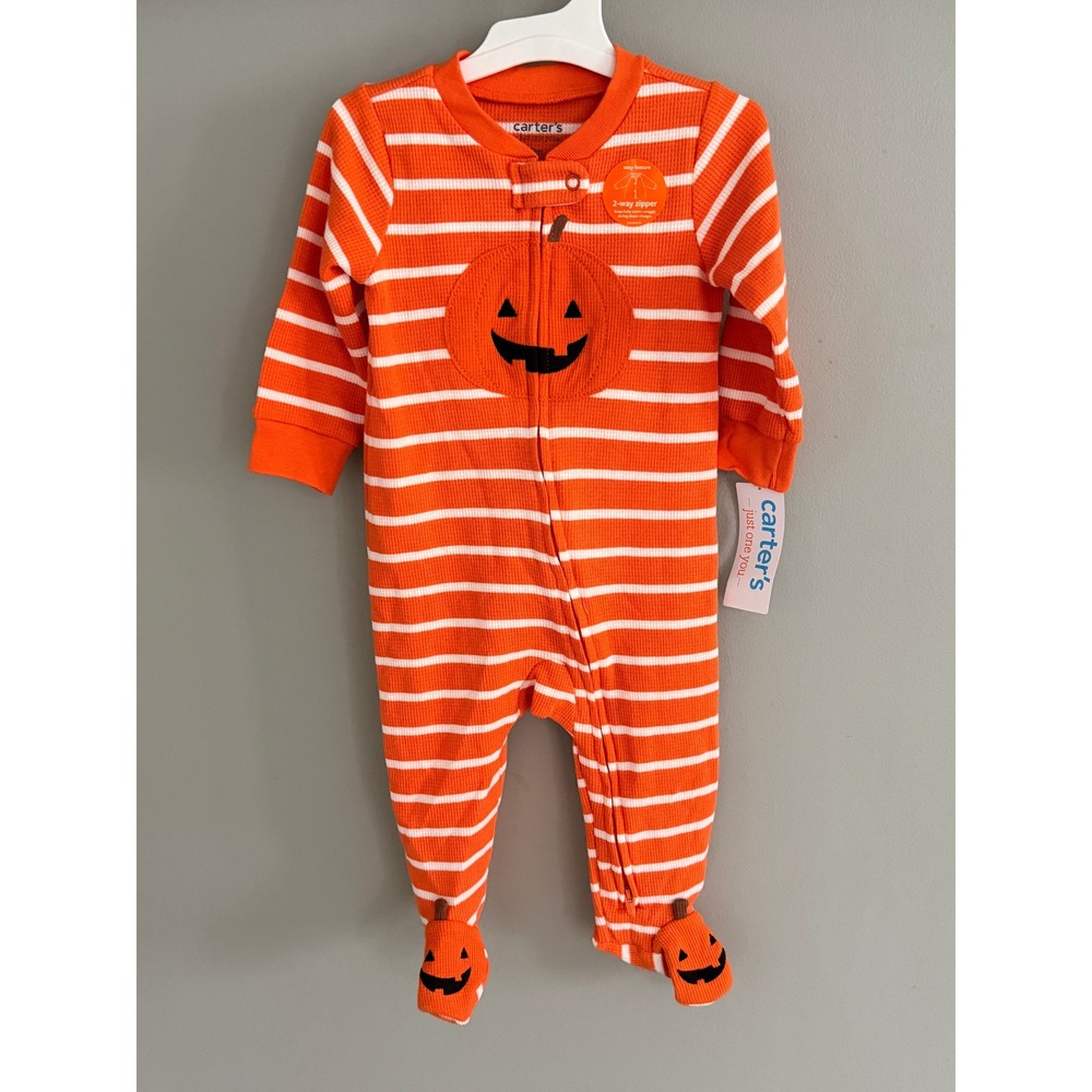 Carter's Baby 9M Pumpkin Sleeper Orange Waffle Knit Halloween 2-Way Zip NWT
